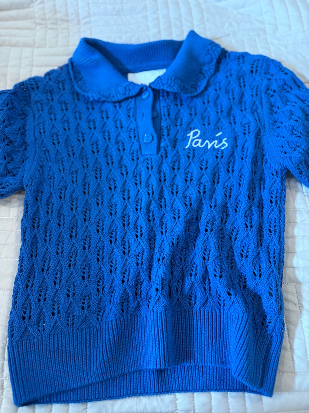 Zara Bright Blue Openwork Polo with 'Paris' Script